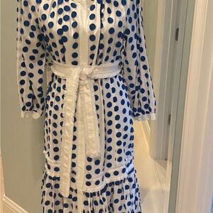 Alexie White Dress with Blue Polka Dots with belt